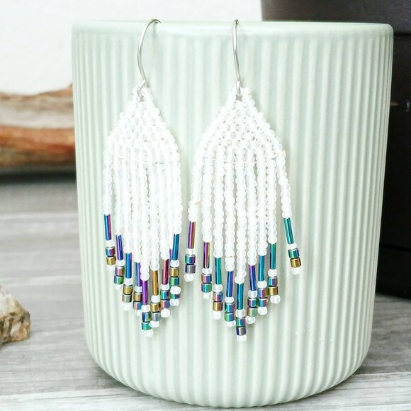 Hematite Beaded Fringe Cascade Dangle Earrings, Rainbow Earrings, 2.5" - Picture 3 of 7